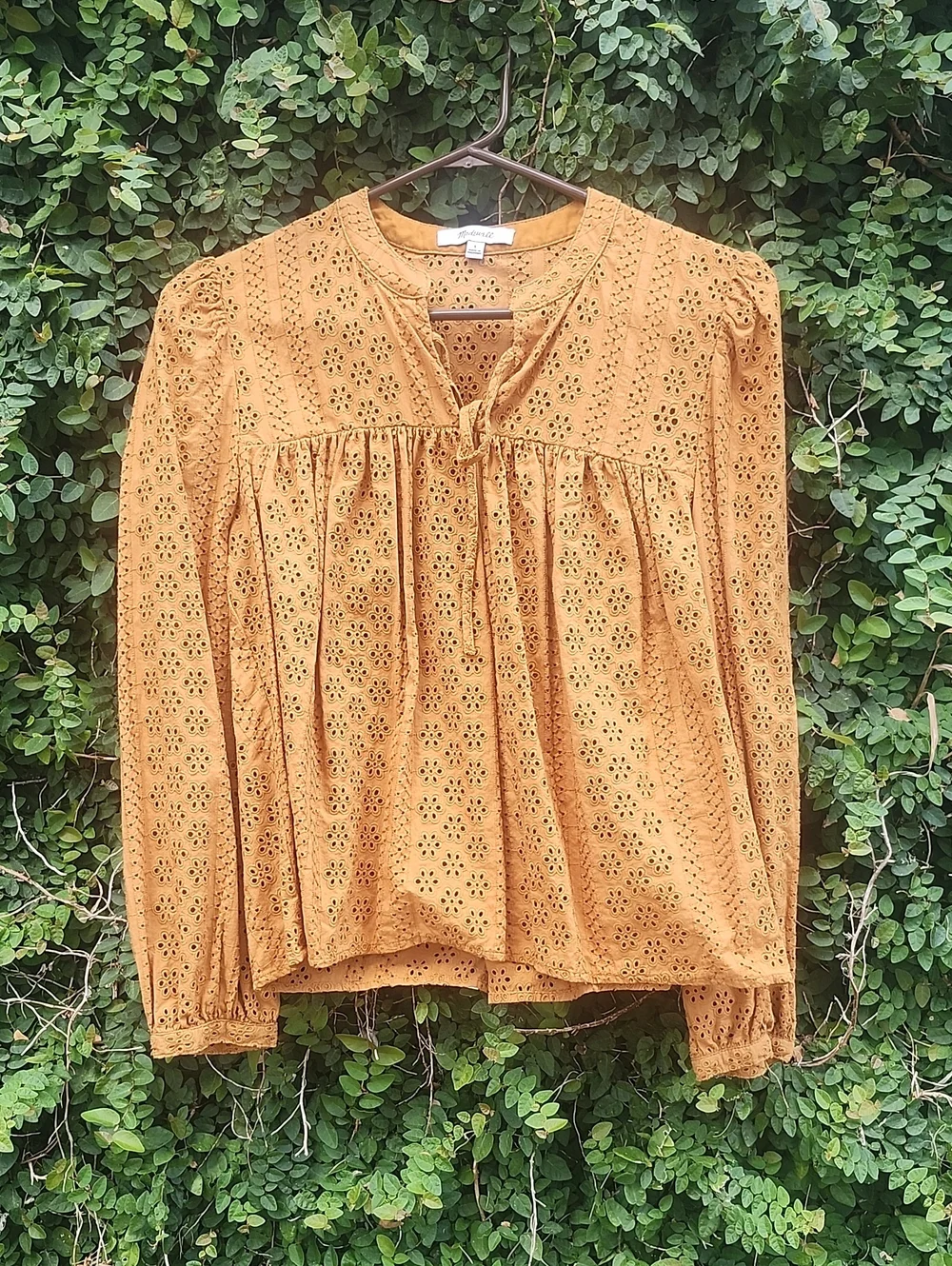 Madewell Burnt Orange Eyelet Peasant Blouse With Tie-Neck Top